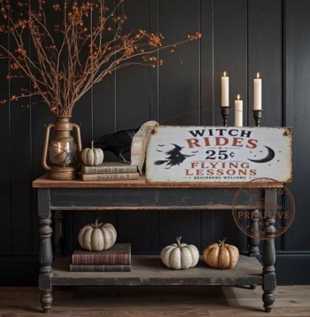 Primitive Witch Flying Lessons Sign | Vintage Halloween Rustic Farmhouse Decor