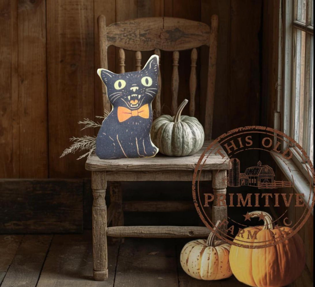 Primitive Halloween Black Cat Pillow Tuck | Spooky Kitty Shelf Sitter | Small Handmade Farmhouse Decor