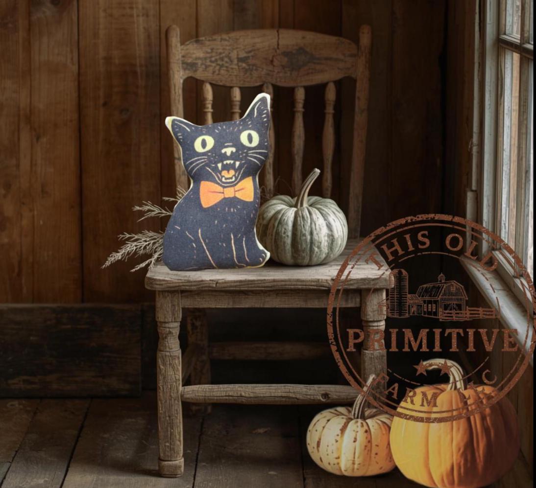 Primitive Halloween Black Cat Pillow Tuck | Spooky Kitty Shelf Sitter | Small Handmade Farmhouse Decor