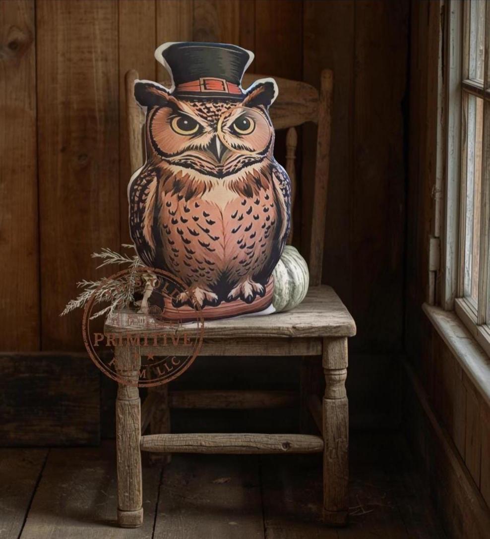 Primitive Folk Art Owl Pillow | Halloween Fall Decor (11x18)