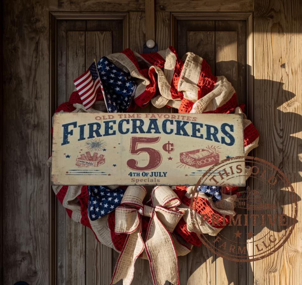 Primitive Firecracker 5 Cents Sign – Rustic Farmhouse Americana Decor – Folk Art Patriotic Sign