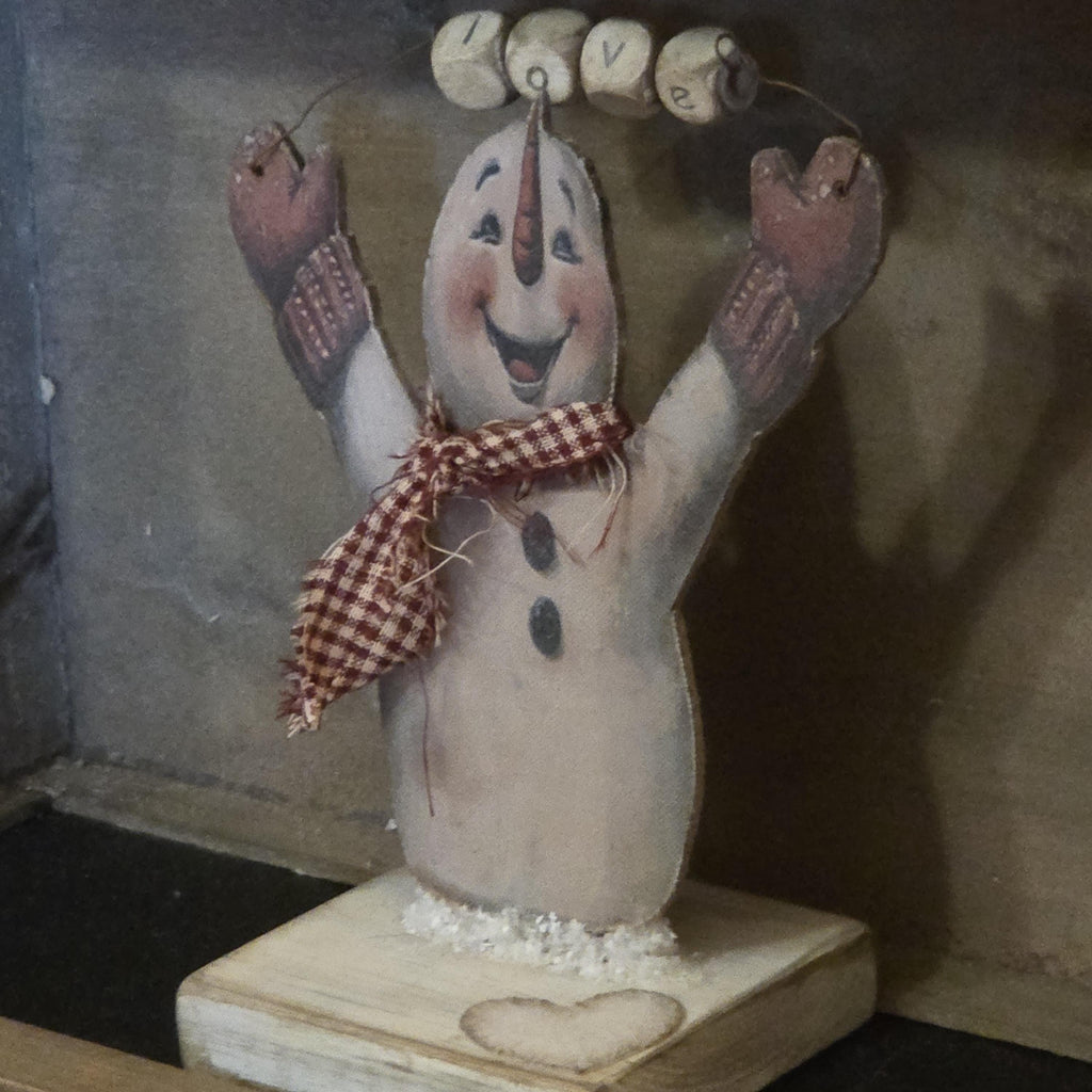 Primitive Valentine Snowman Shelf Sitter | XOXO LOVE Rustic Farmhouse Decor | Handmade Seasonal Accent