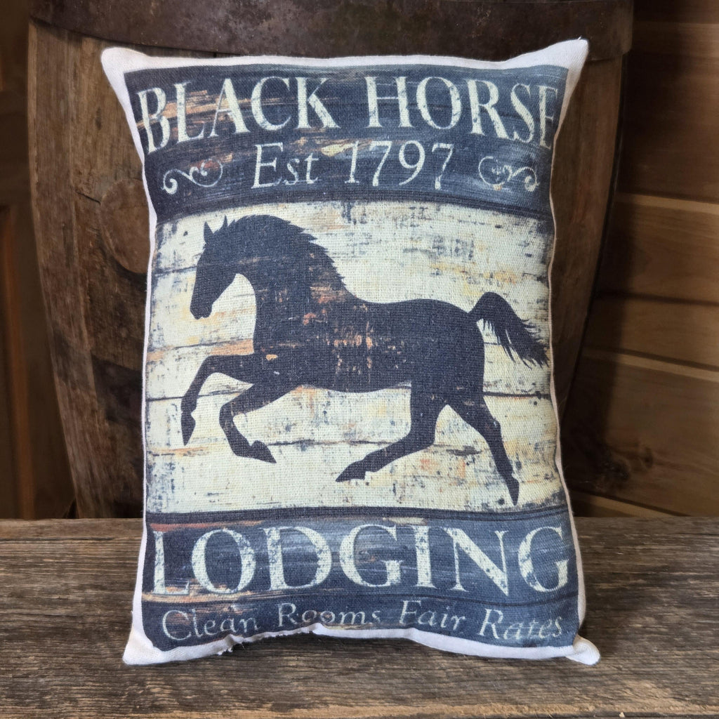 Primitive Black Horse Inn Pillow | Folk Art Farmhouse Horse Decor