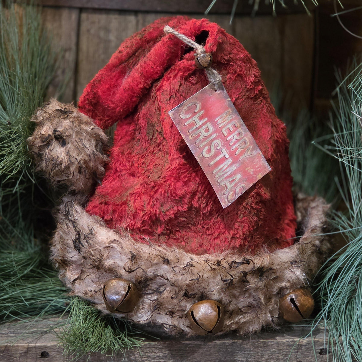 Premium Primitive Rustic Santa Hat Tree Topper | Handcrafted Farmhouse Christmas Décor | Limited Edition Holiday Santa Hat with Jingle Bells