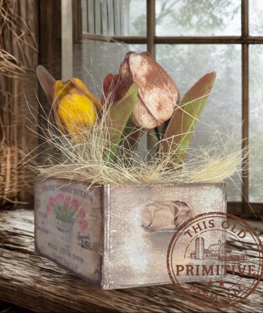 Primitive Tulip Crate – Farmhouse Spring Market Arrangement, Rustic Decor