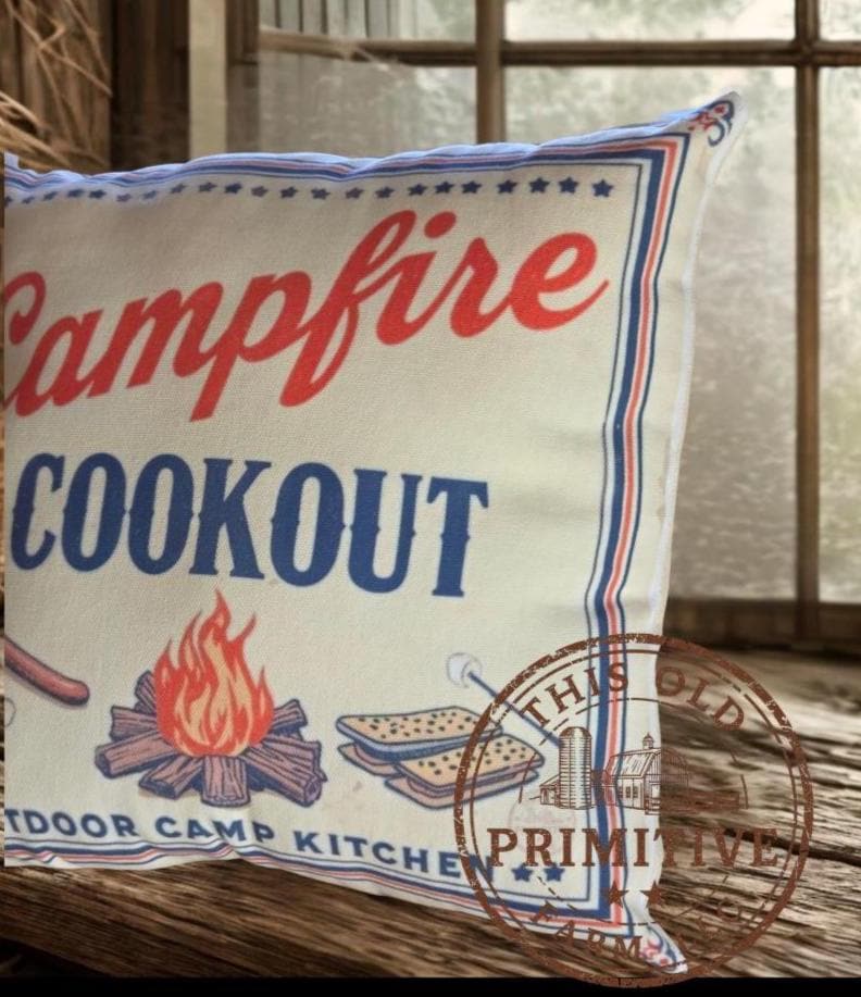 Campfire Cookout Pillow | Rustic Outdoor Camp Kitchen Decor