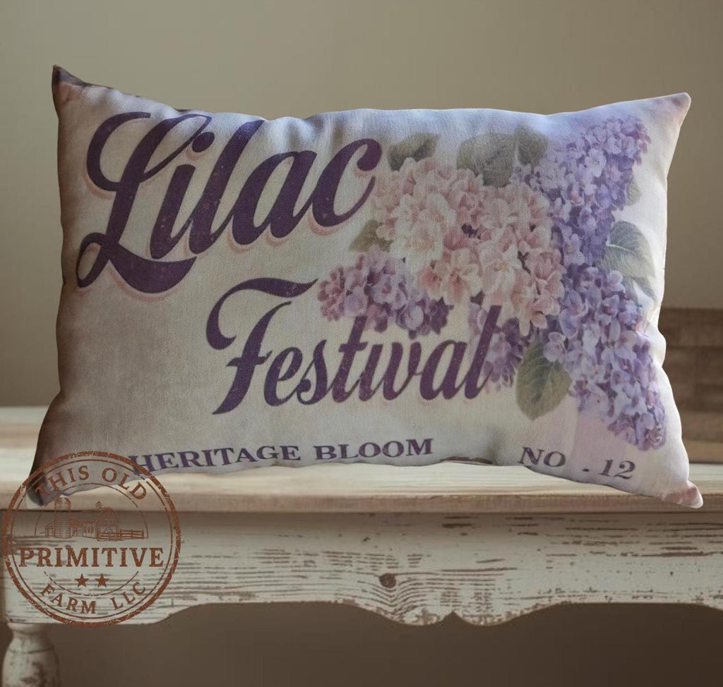 Lilac Festival Pillow | Primitive Feedsack Style Farmhouse Decor (12x17)