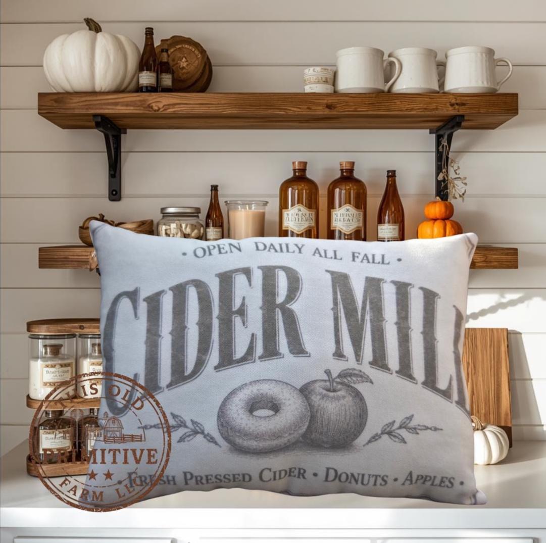 Vintage Cider Mill Pillow | Rustic Farmhouse Fall Decor, Shelf Sitter