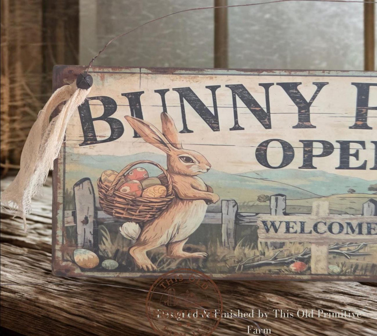 Primitive Bunny Patch Open Sign – Rustic Easter Welcome Decor, Folk Art