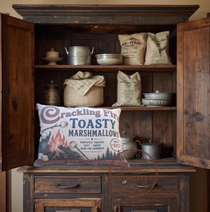 Crackling Fire Toasty Marshmallows Pillow | Vintage Mercantile Farmhouse Accent Sitter