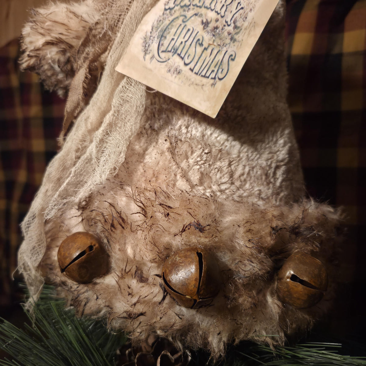 Premium Limited Edition Primitive Rustic Santa Hat Tree Topper | Handcrafted Cream Plush with Rusty Jingle Bells
