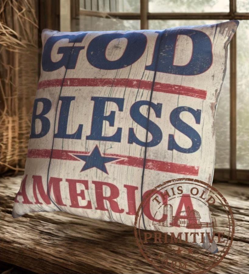 God Bless America Pillow | Primitive Americana Farmhouse Decor (12x12")