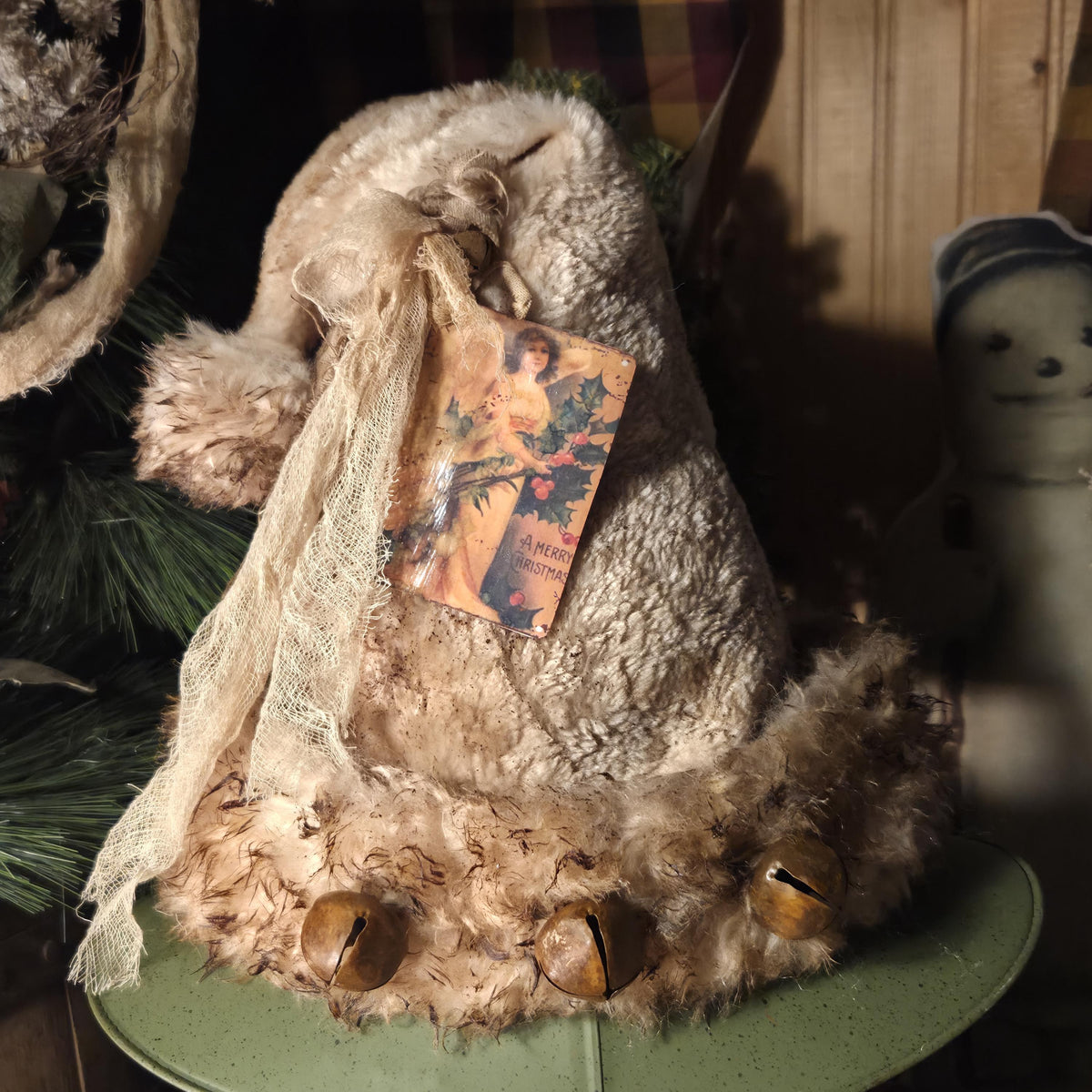 Premium Limited Edition Primitive Rustic Santa Hat Tree Topper | Handcrafted Cream Plush with Rusty Jingle Bells