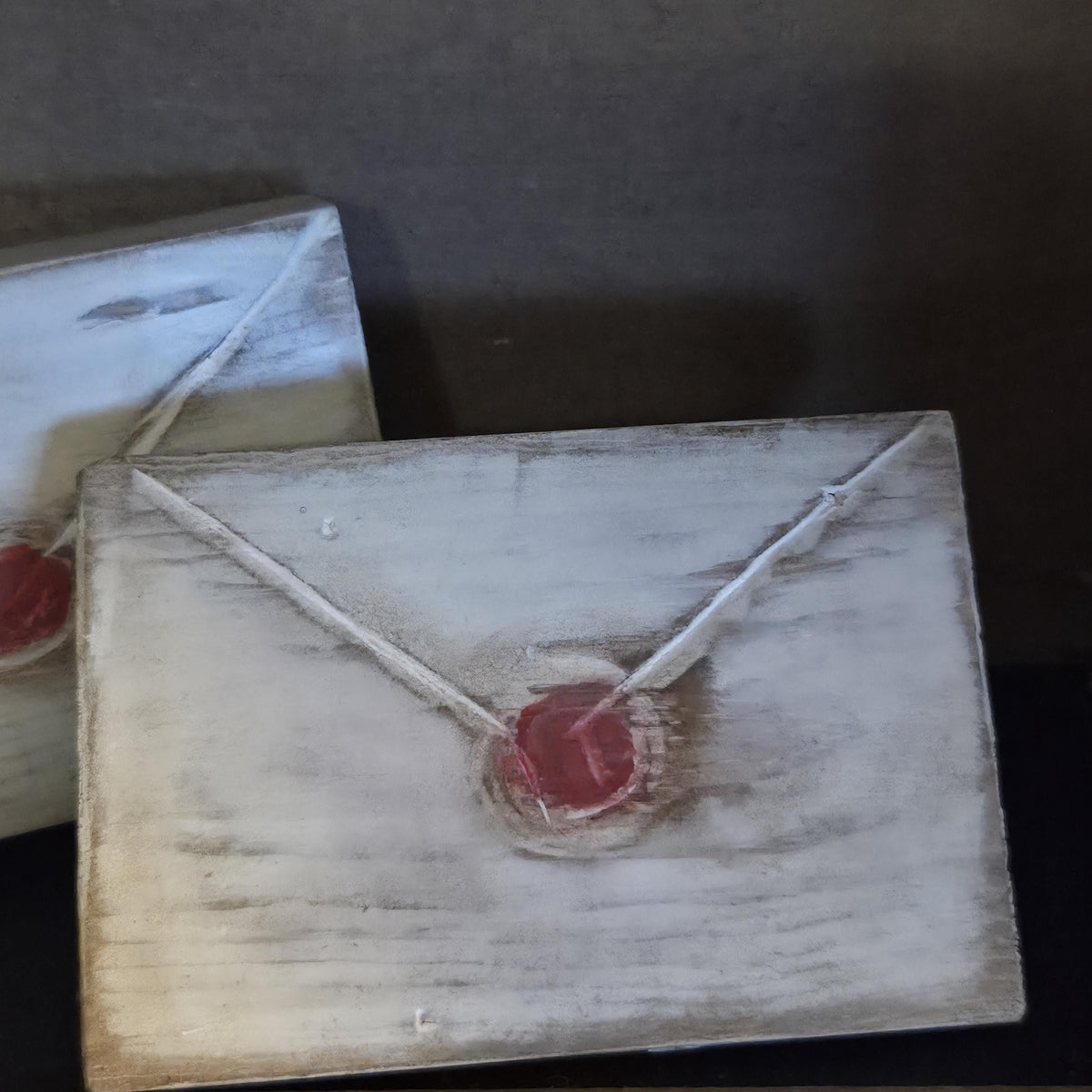 Primitive Valentine Wood Envelope Set | Hand Cut & Carved Love Letters with Faux Red Wax Seal Decor