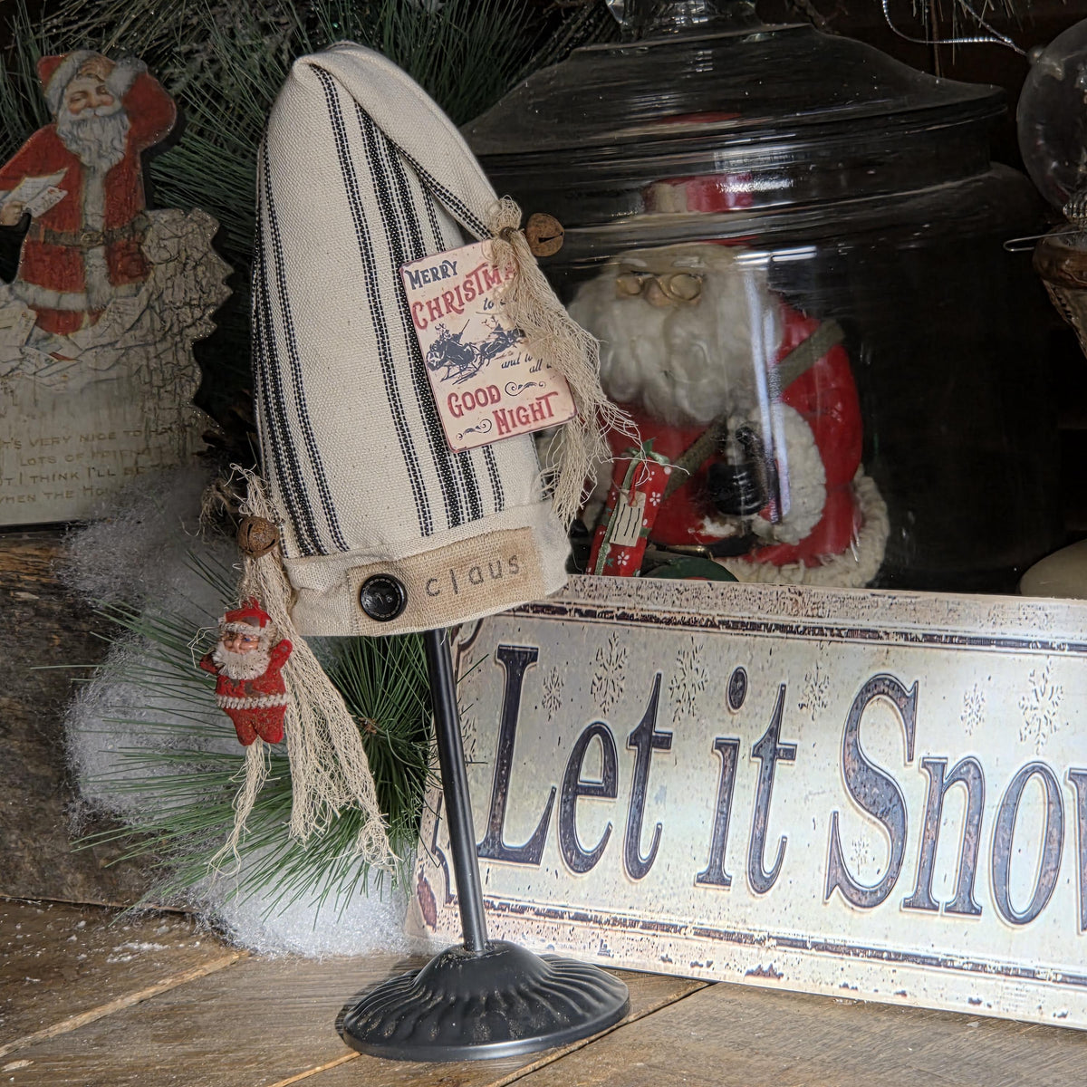 Handmade Farmhouse Santa Hat – Black Cream Duck Cloth, Primitive Christmas Décor
