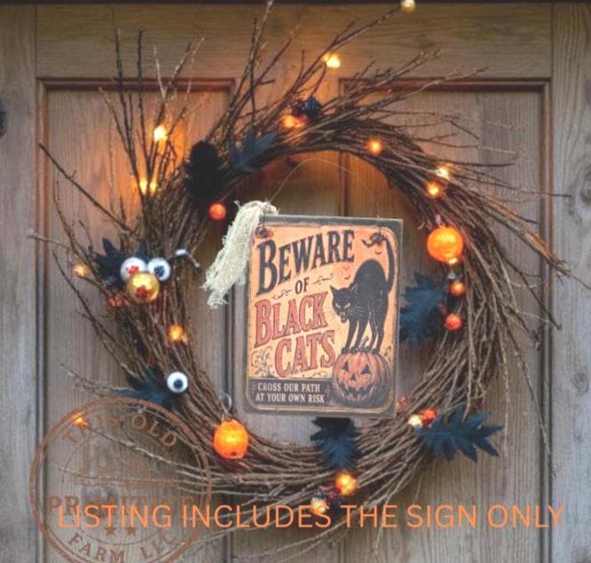 Primitive Black Cat Halloween Sign | Rustic Folk Art Wood Decor