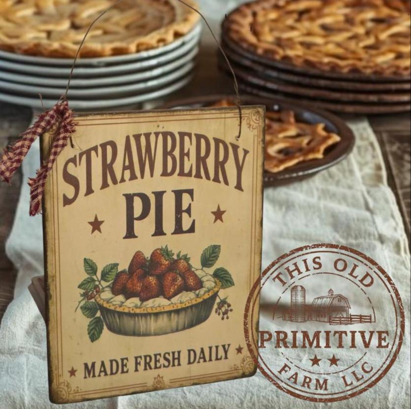 Primitive Strawberry Pie Sign – Farmhouse Kitchen Decor, Rustic Bakery Wall Art