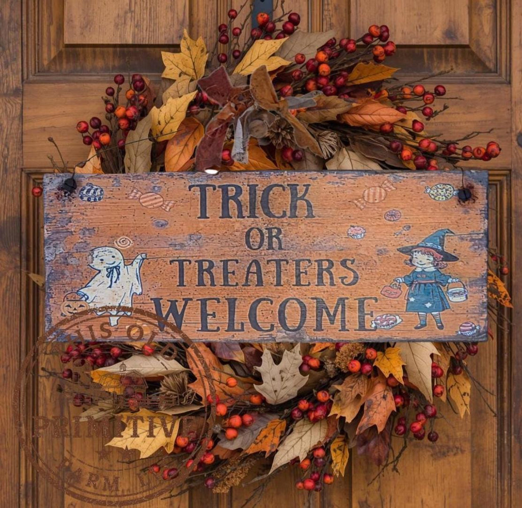 Primitive Halloween Wood Sign | Trick Treaters Welcome Folk Art (13 x 5)