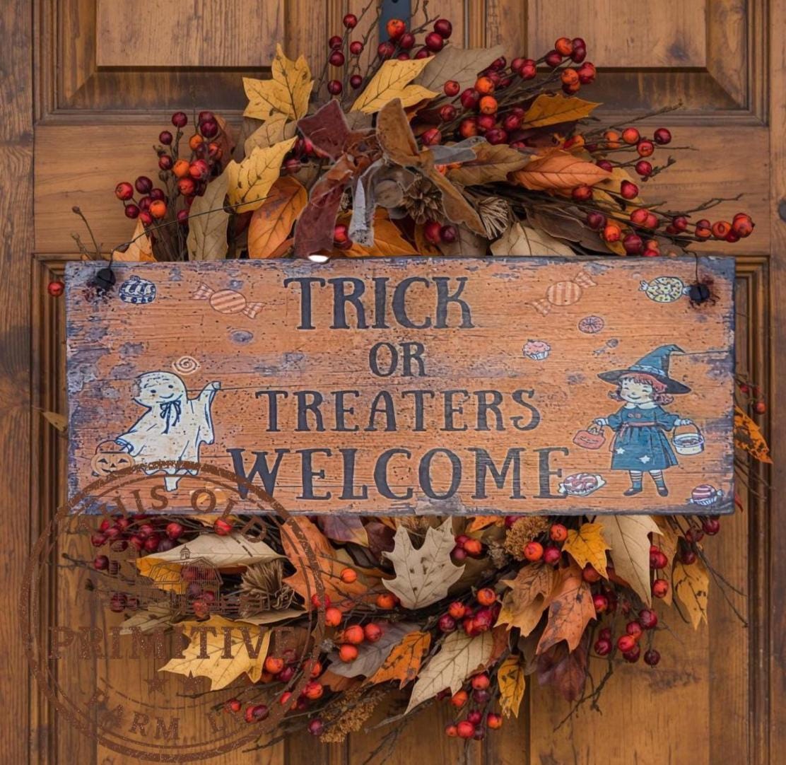 Primitive Halloween Wood Sign | Trick Treaters Welcome Folk Art (13 x 5)