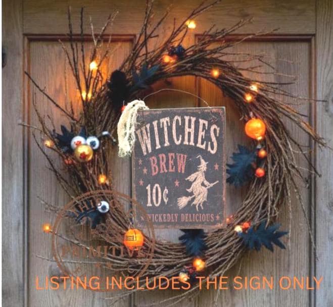 Primitive Witches Brew Sign | Vintage Halloween Folk Art Decor