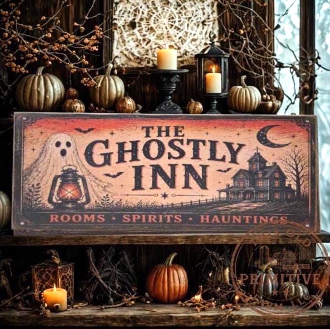 Primitive Halloween Ghostly Inn Sign | Rustic Folk Art Wood Decor (13 x 5)
