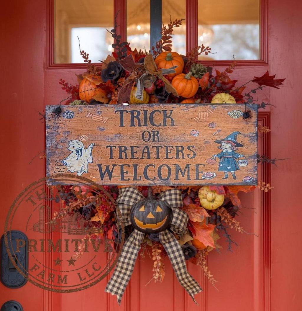 Primitive Halloween Wood Sign | Trick Treaters Welcome Folk Art (13 x 5)