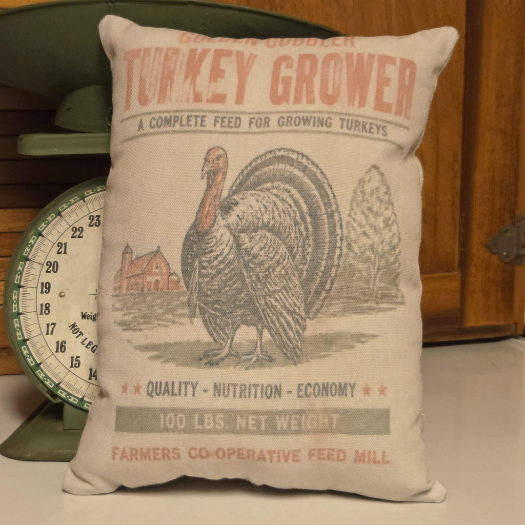Turkey Grower Pillow, Thanksgiving Feedsack Shelf Sitter, Primitive Farmhouse Fall Decor