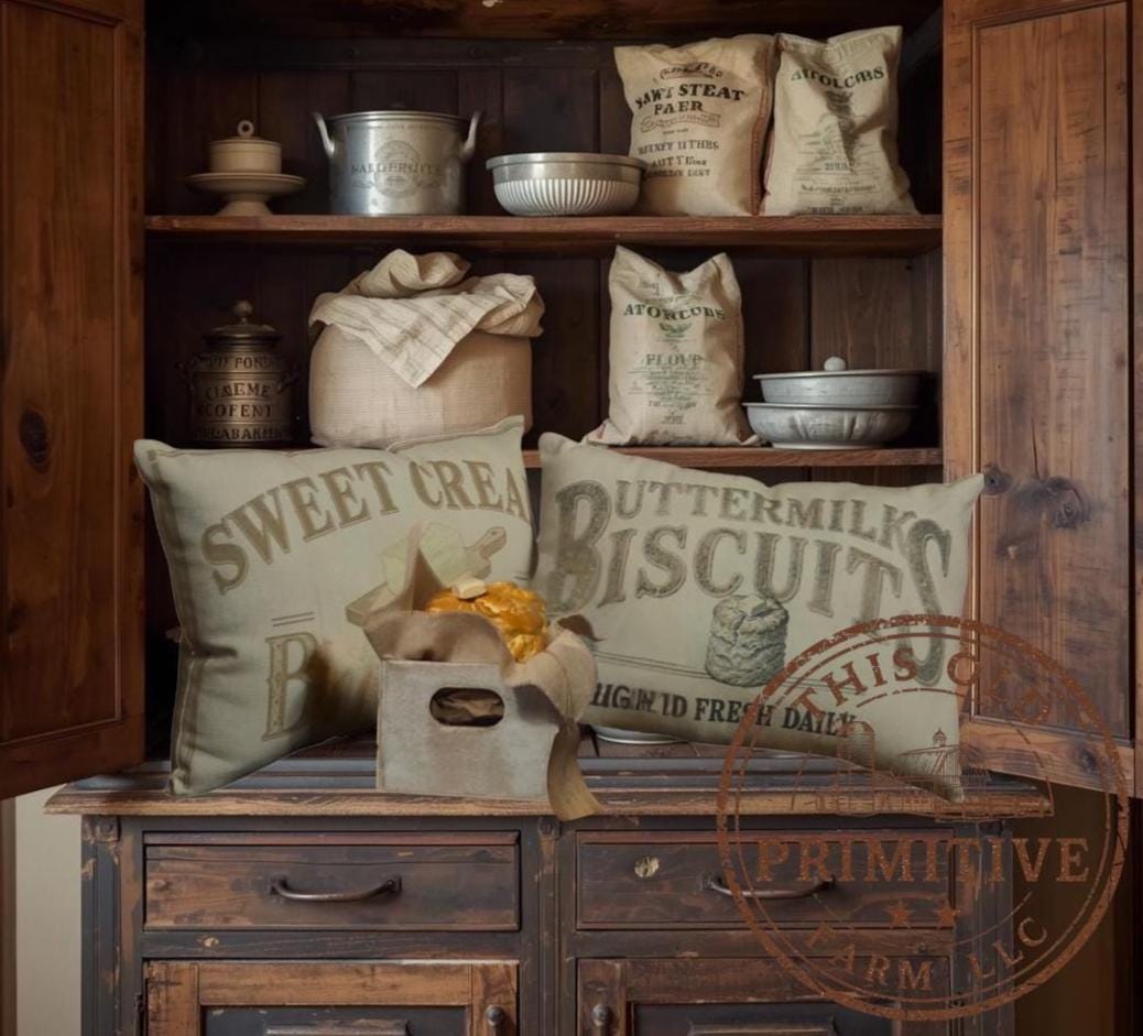 Primitive Faux Biscuit Crate Display: Hand-Sculpted Buttermilk Biscuits with Butter, Rustic Farmhouse Kitchen Decor