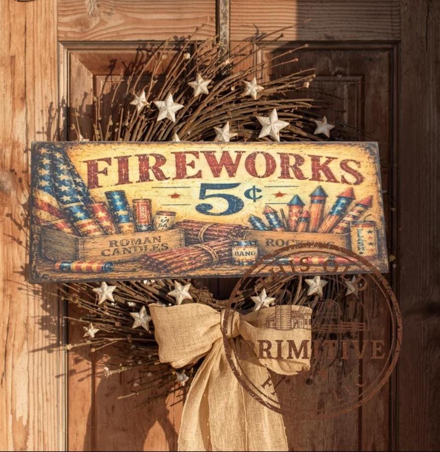 Primitive Fireworks 5 Cents Sign – Rustic Farmhouse Americana Decor – Folk Art Patriotic Sign