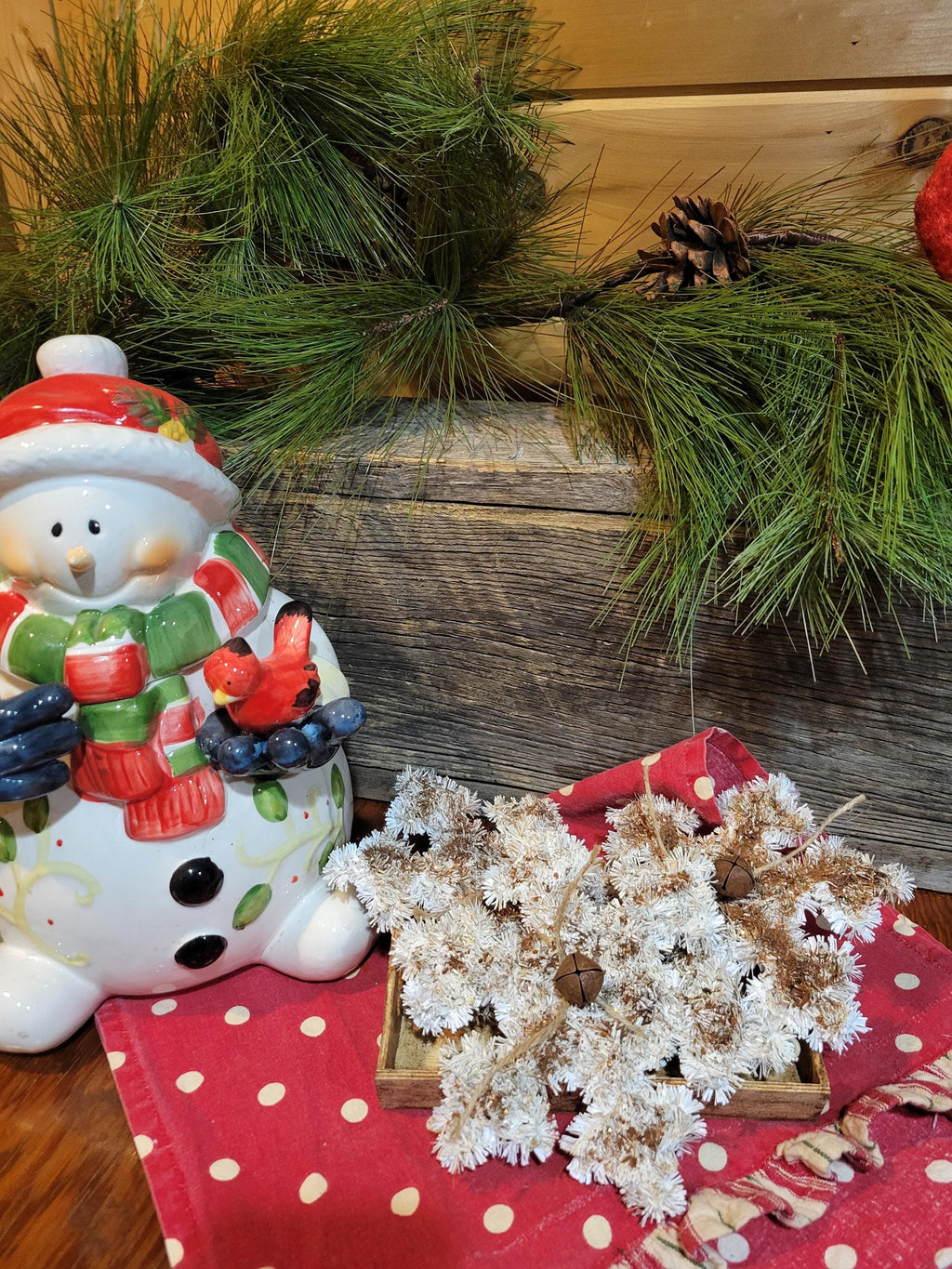 Vintage Inspired Tinsel Snowflake Ornie, Rusty Jingle Bell, Christmas Bowl Filler. Set of 3