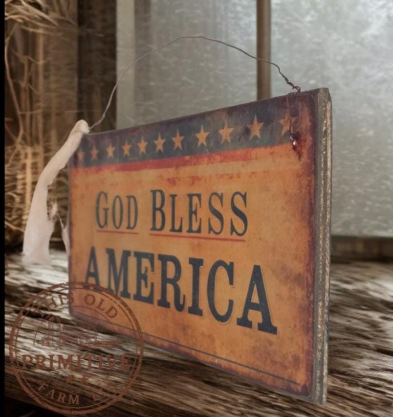 Primitive God Bless America Sign – Rustic Farmhouse Americana Decor – Folk Art Patriotic Sign