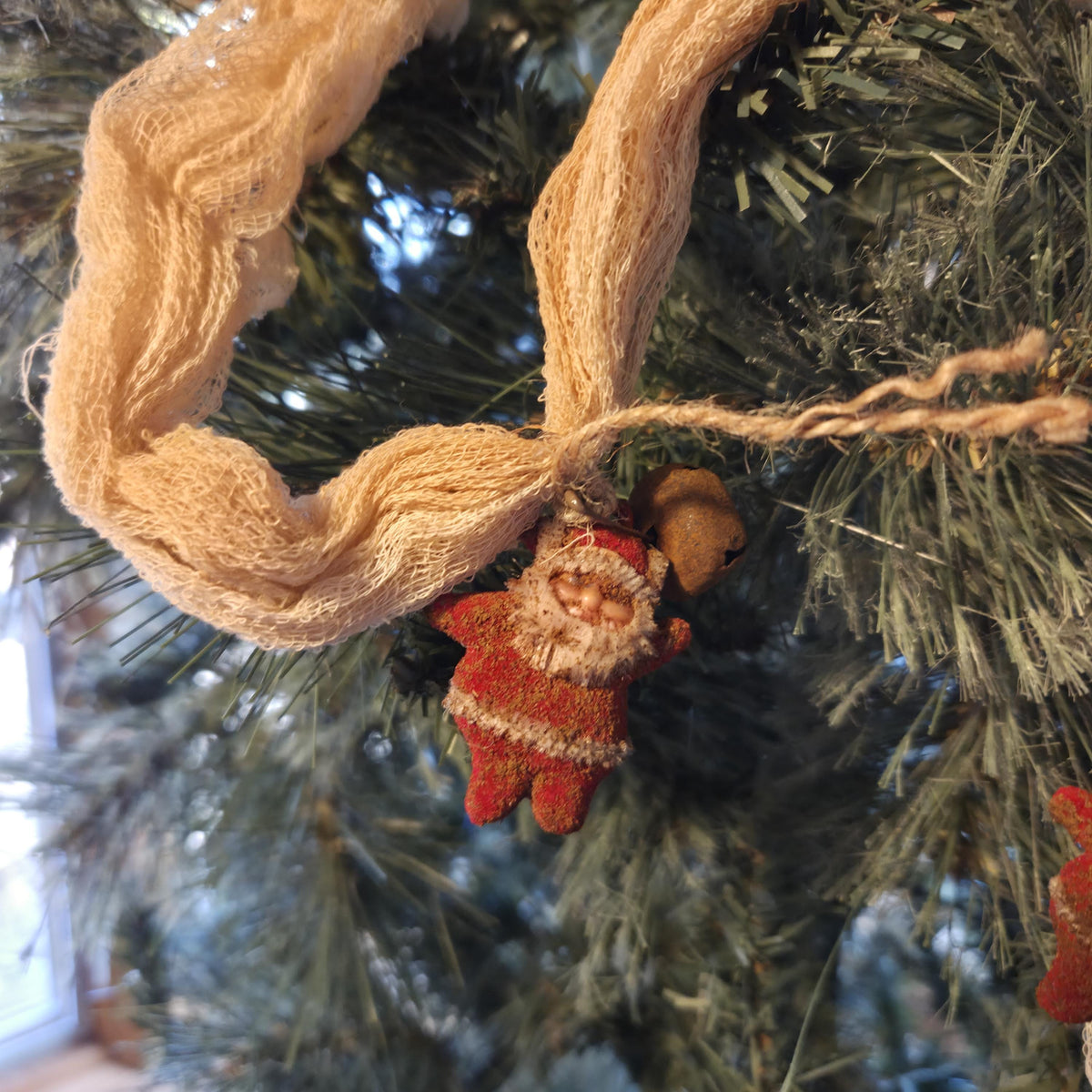 Farmhouse Christmas Garland: 4ft Coffee Stained Cheesecloth with Bells, Vintage Santa