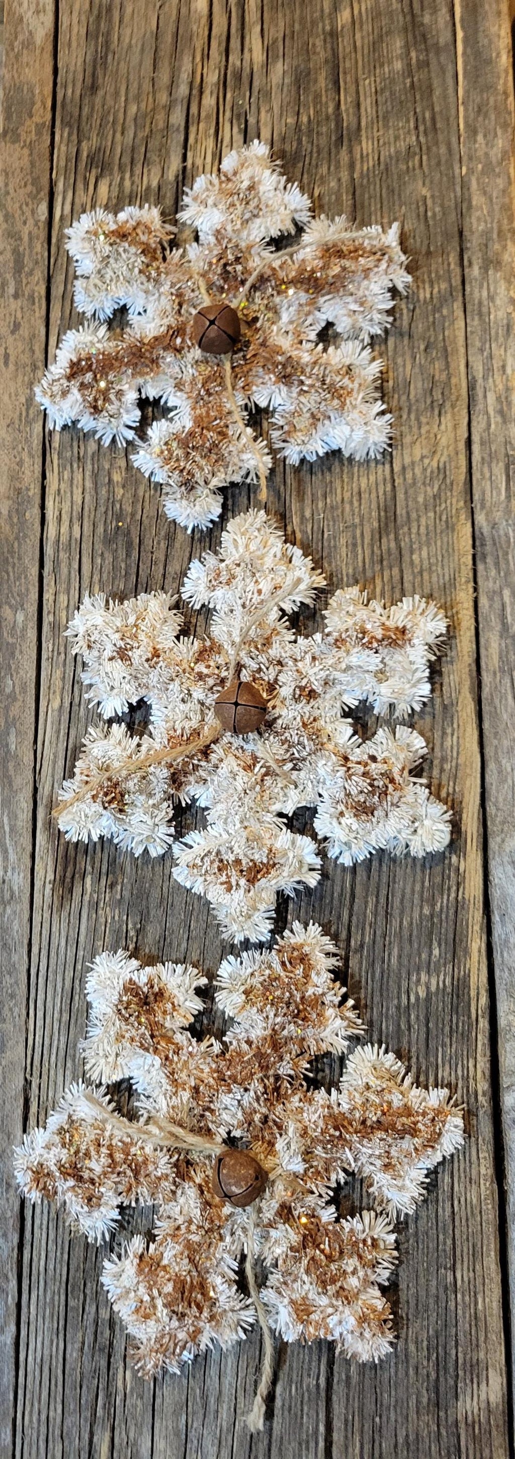 Vintage Inspired Tinsel Snowflake Ornie, Rusty Jingle Bell, Christmas Bowl Filler. Set of 3