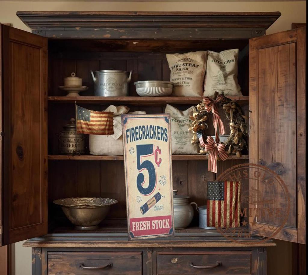 Primitive Firecrackers 5 Cents Sign – Rustic Farmhouse Americana Decor – Folk Art Patriotic Sign