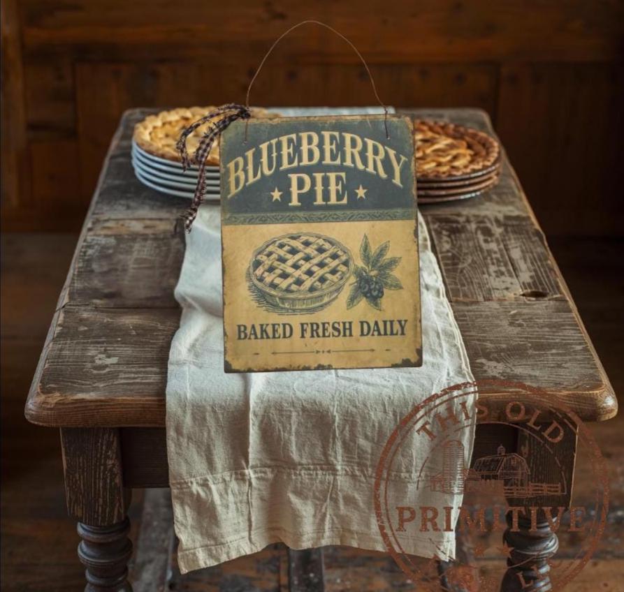 Primitive Blueberry Pie Sign – Baked Fresh Farmhouse Kitchen Decor, Rustic Bakery Wall Art