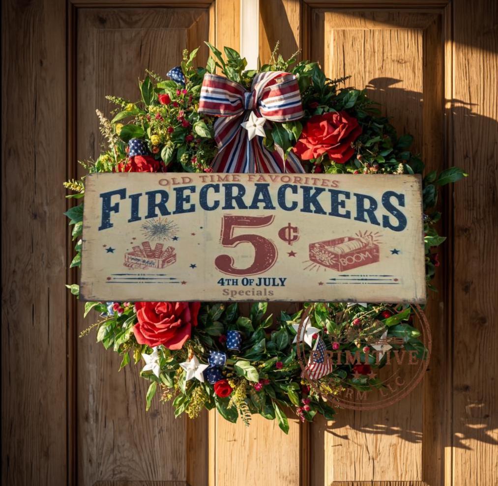 Primitive Firecracker 5 Cents Sign – Rustic Farmhouse Americana Decor – Folk Art Patriotic Sign