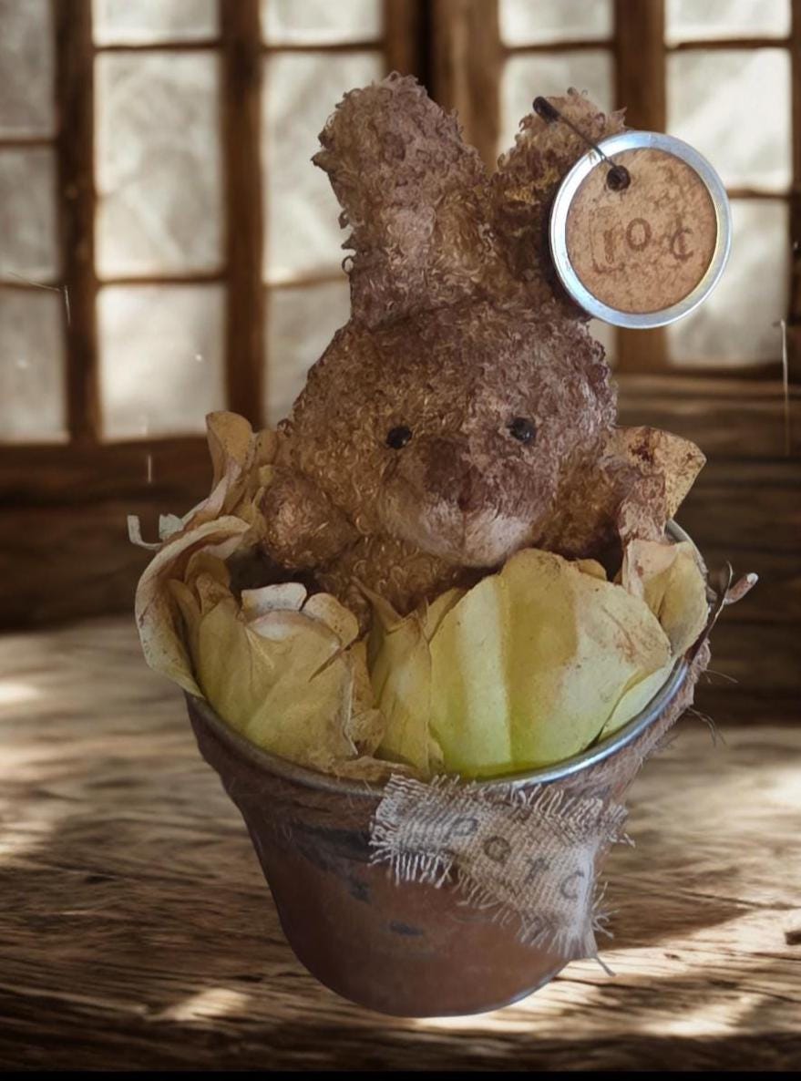 Primitive Cinnamon Grunged Bunny Pail – Mercantile Spring Shelf Accent – Farmhouse Easter Decor