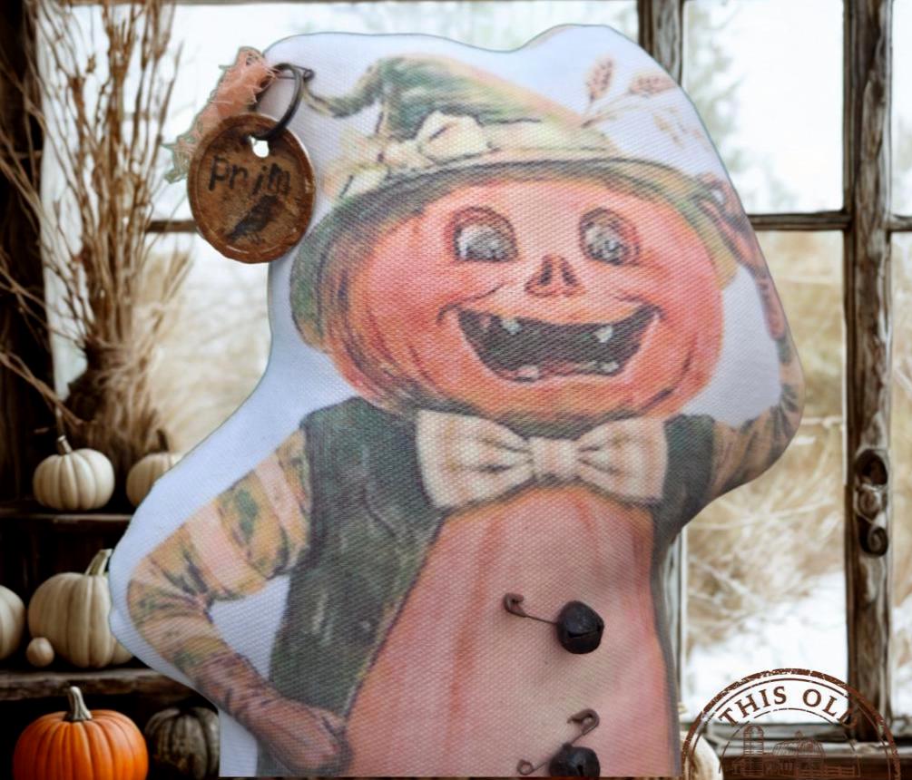 Primitive Mr. Pumpkin Patch Pillow Doll | Vintage Halloween Folk Art Decor