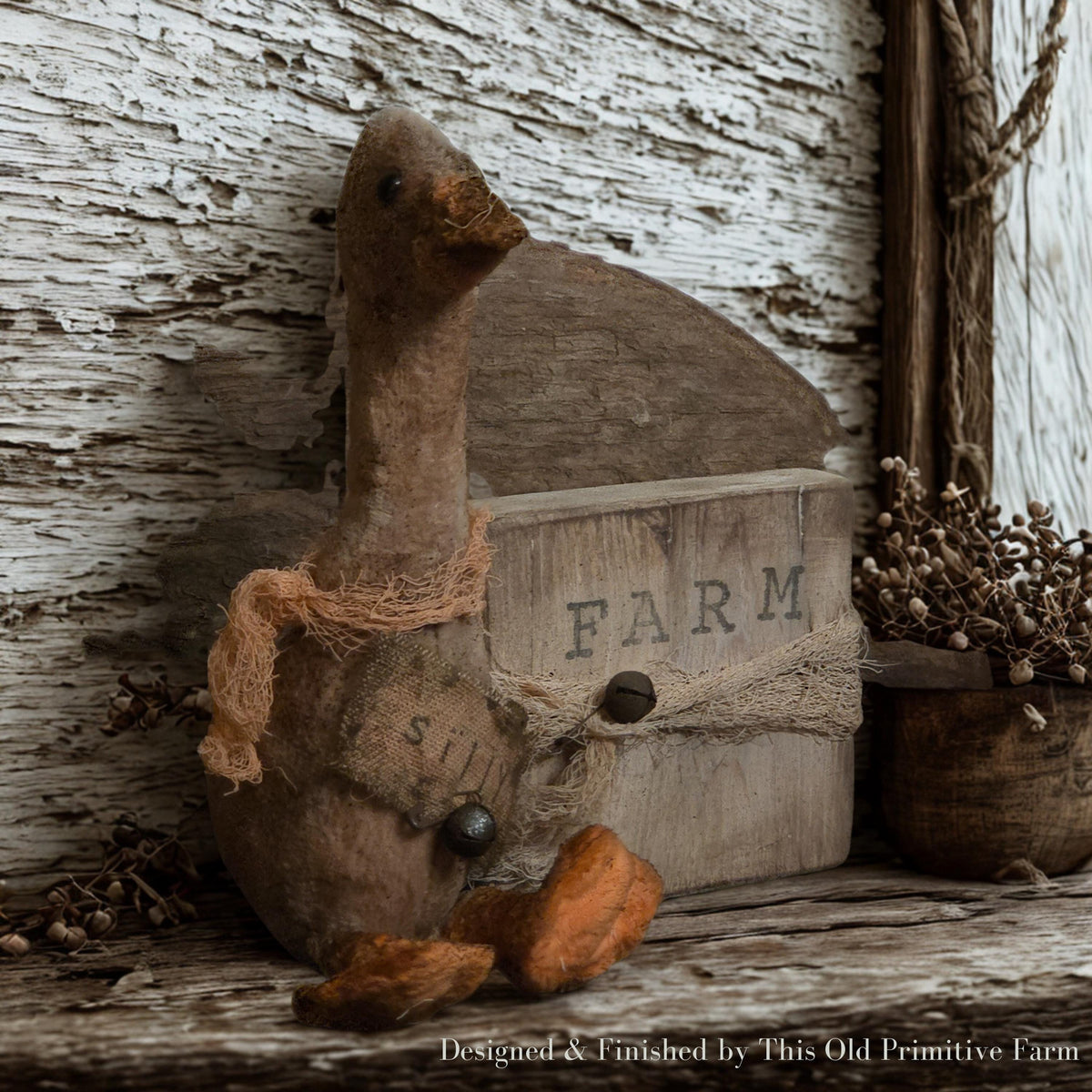 Primitive Farmhouse Goose Shelf Sitter | Rustic Farm Decor, Hand-Stamped Wood Block