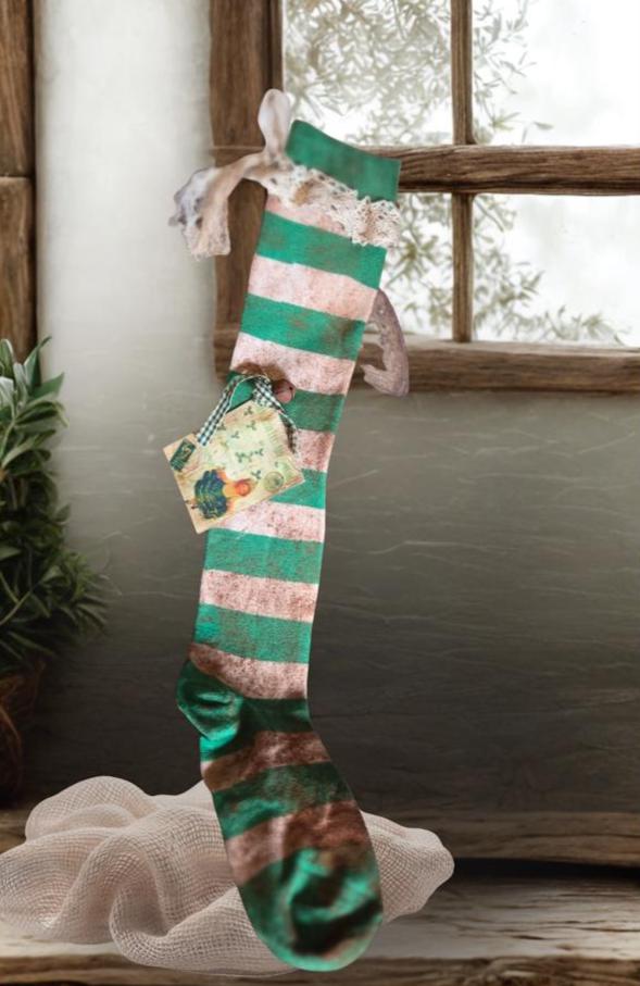 Primitive St. Patrick's Day Stocking | Cinnamon Grunged Green Stripe Sock | Rustic Decor