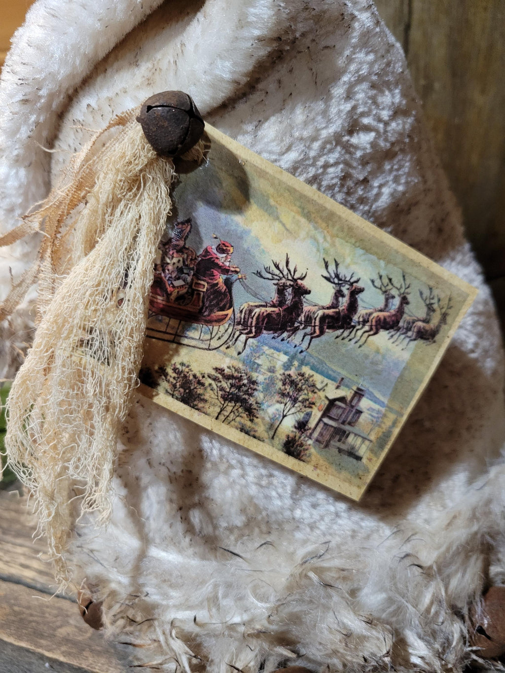 Premium Limited Edition Primitive Rustic Santa Hat Shelf Sitter | Handcrafted Cream Plush hat with Rusty Jingle Bells