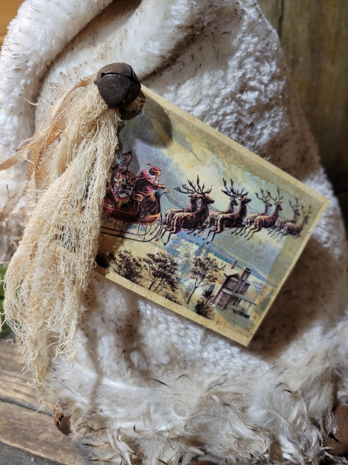 Premium Limited Edition Primitive Rustic Santa Hat Shelf Sitter | Handcrafted Cream Plush hat with Rusty Jingle Bells