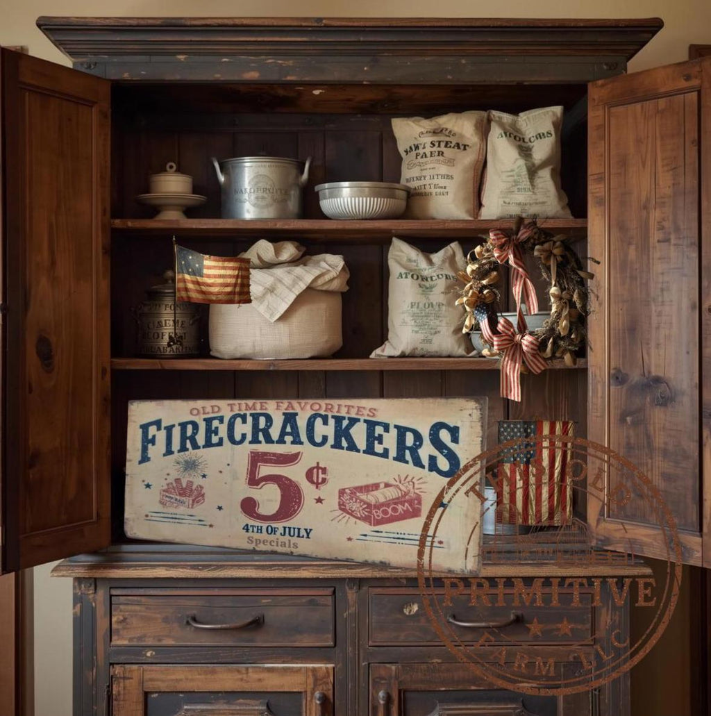 Primitive Firecracker 5 Cents Sign – Rustic Farmhouse Americana Decor – Folk Art Patriotic Sign
