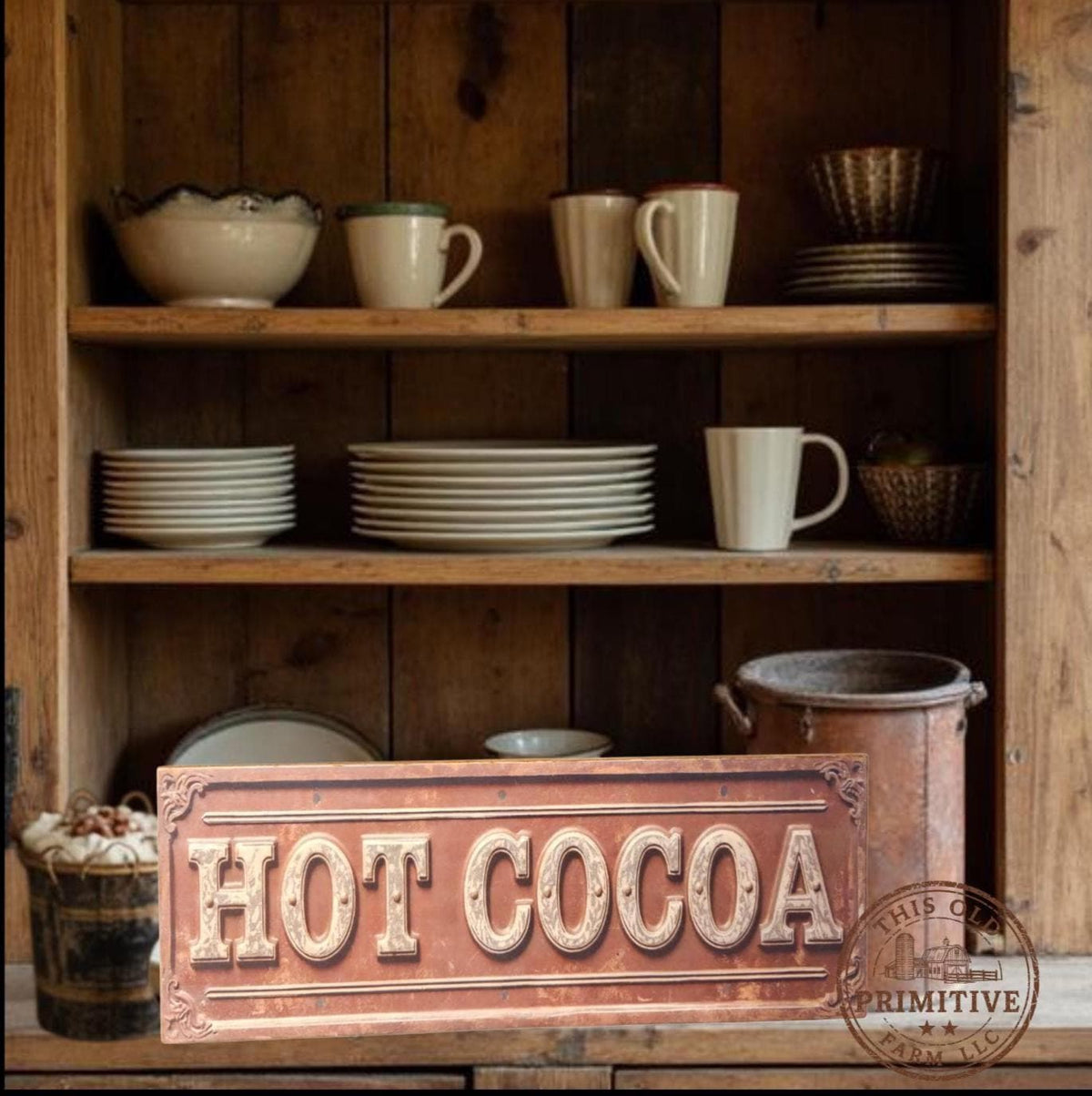 Primitive Hot Cocoa Wood Sign | Vintage Farmhouse Winter Kitchen Decor (13x5)