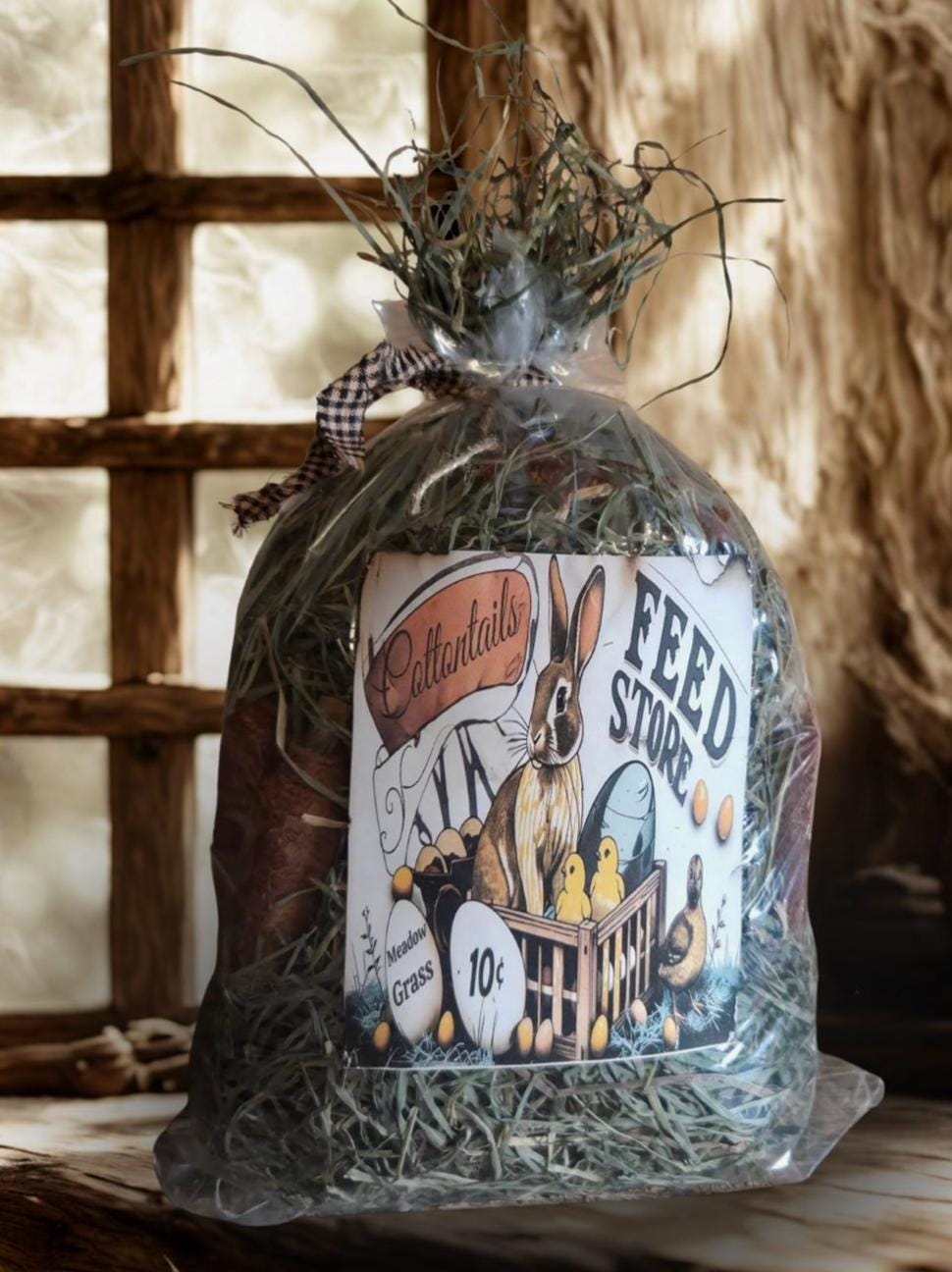 Primitive Cottontails Farm Feed Store Meadow Grass Sack – Basket Filler with Grunged Carrots