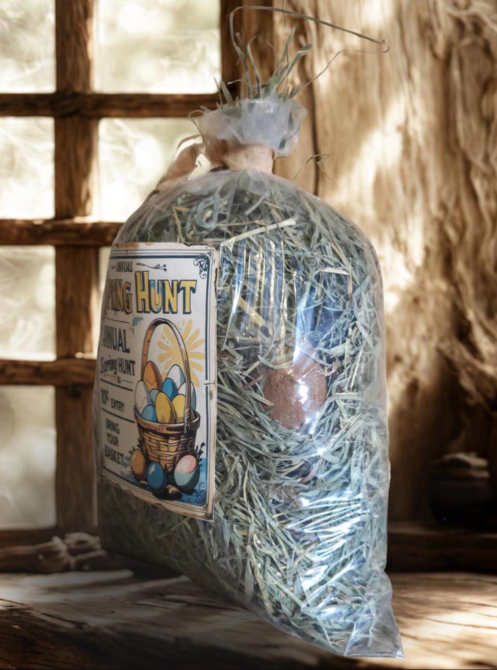 Primitive Easter Meadow Grass Sack – Annual Spring Hunt Basket Filler with Grunged Eggs