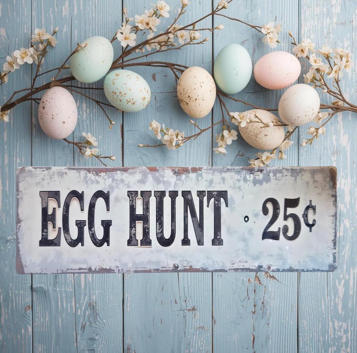 Primitive Egg Hunt Metal Sign | Vintage Farmhouse Easter Decor (6x18)
