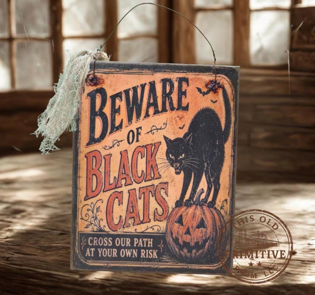 Primitive Black Cat Halloween Sign | Rustic Folk Art Wood Decor