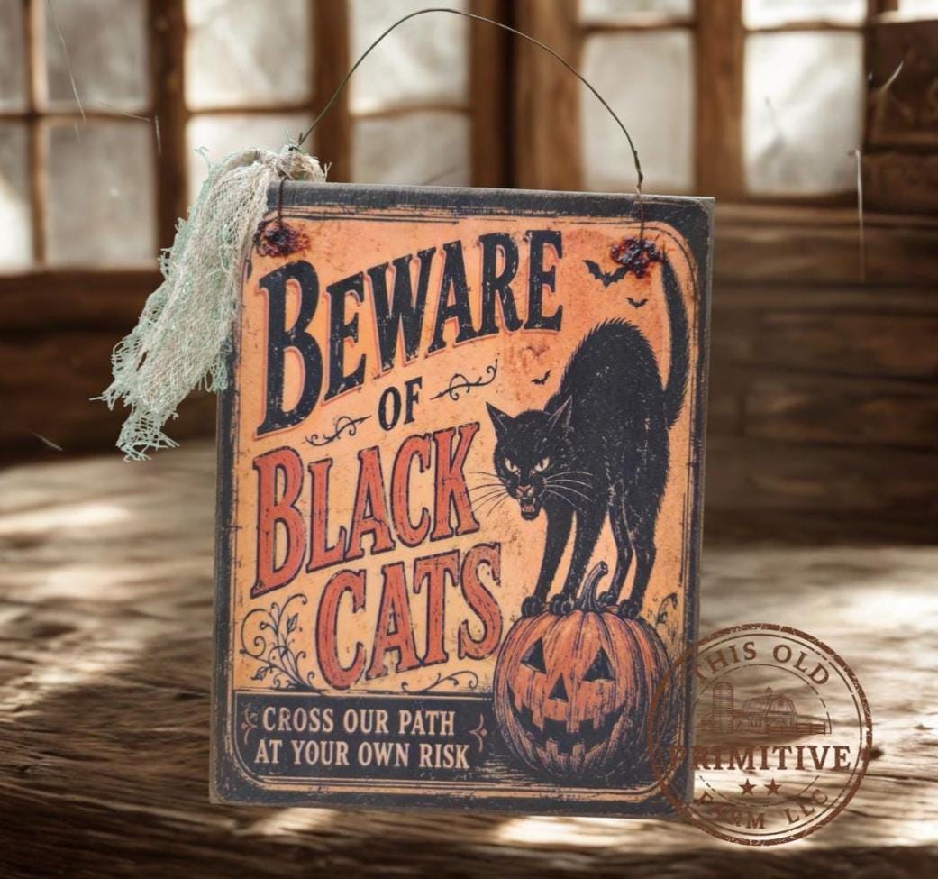 Primitive Black Cat Halloween Sign | Rustic Folk Art Wood Decor