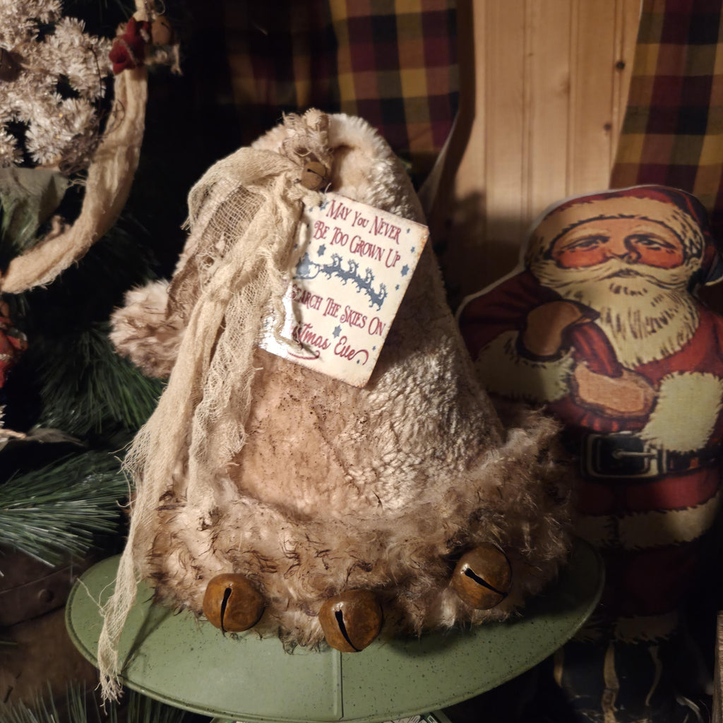 Premium Limited Edition Primitive Rustic Santa Hat Tree Topper | Handcrafted Cream Plush with Rusty Jingle Bells